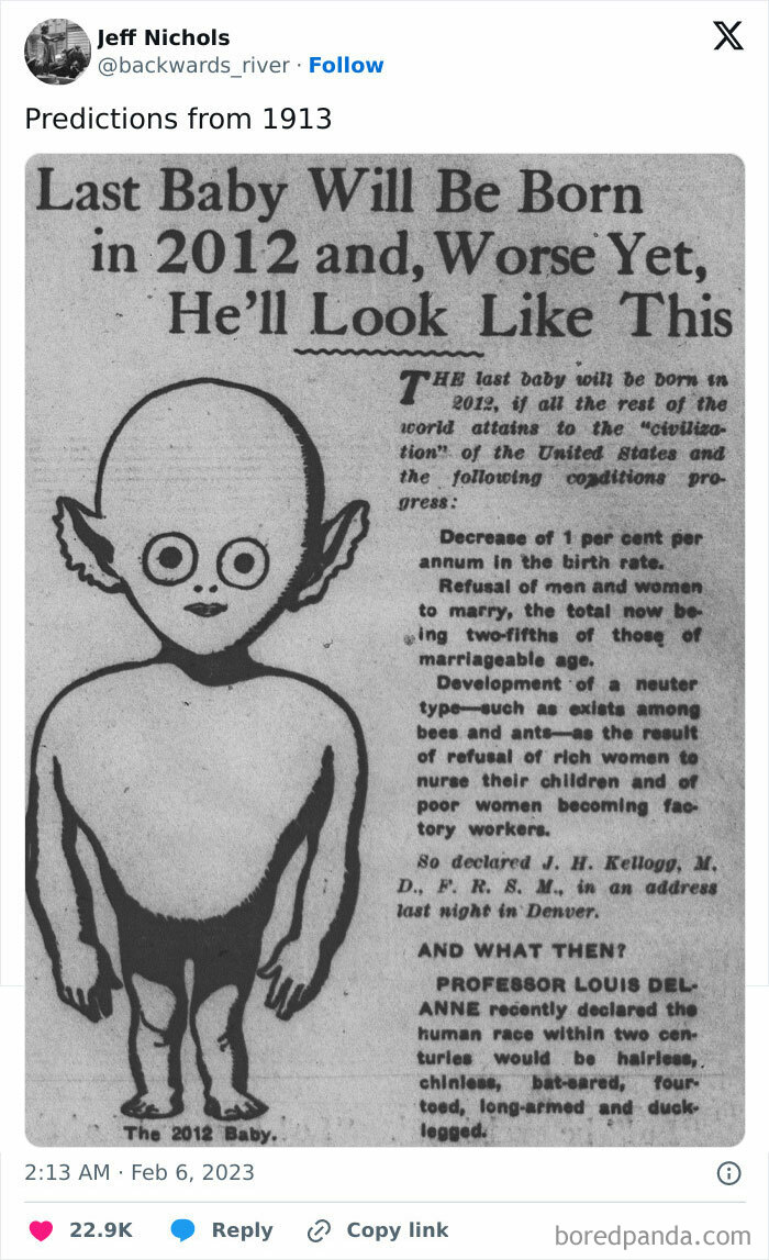 In 1913, Someone Predicted That Birth Rates Would Have Declined All The Way To Zero By Now, And We'd Look Like Aliens Because Of Baby Formula