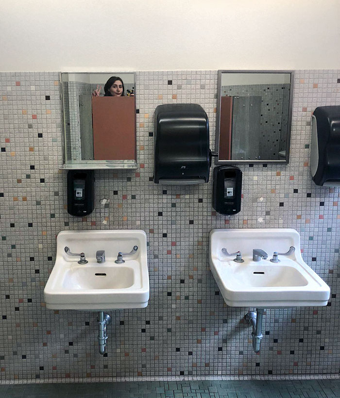 Almost Every Woman’s Restroom In Older Buildings Is Like This. Designers Failed To Realize Women Grow Taller Than 5’5