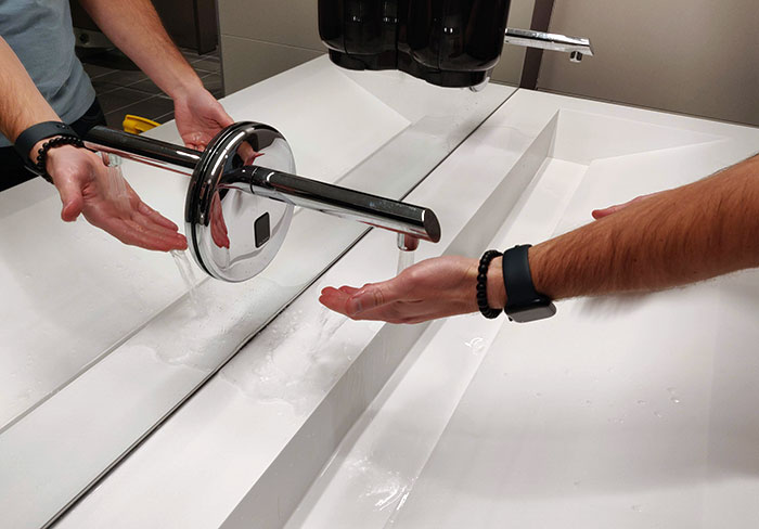 Stunningly Bad Sink At My New Office. Water Runs Off Your Hands, Collects On The Ledge, And Spills Onto The Floor