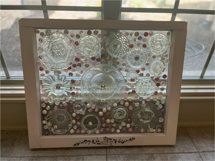 Vintage Glassware & Vintage Window Together Are Reused To Make A Garden Suncatcher Window