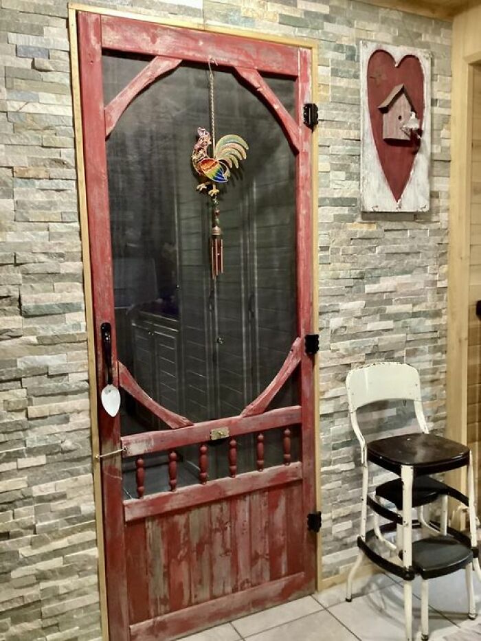 Old Screen Door With An Old Spoon For Handle Going Into My Laundry Room ,also Helps Air Circulate Better.plus Love The Squeak Noise