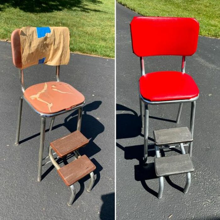I Got This Vintage Stepstool Chair For Free From Someone Who Was Throwing It Out. Restored It To Its Original Red And Used Marine-Grade Vinyl For The Seat So It Should Last For Years