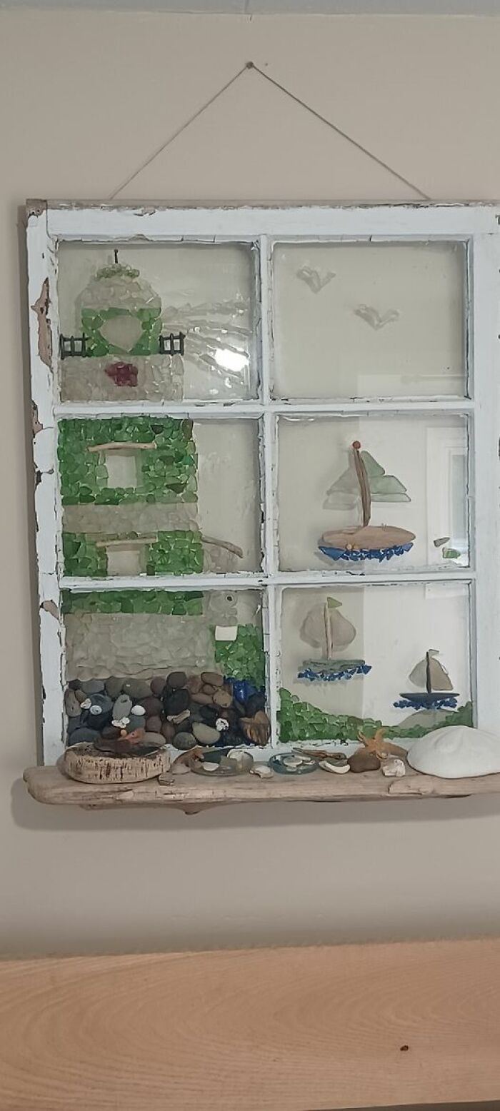 Seaglass Art Made From An Old Window And Seaglass Collected By Me