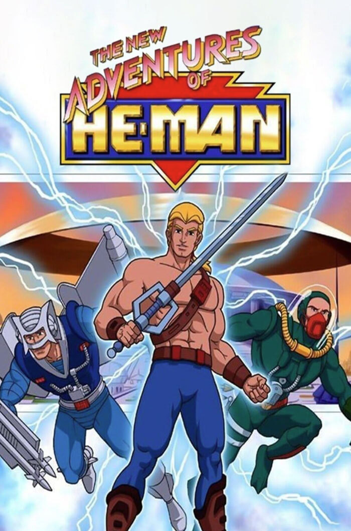 "The New Adventures of He-Man" poster with He-Man and two allies, often used in Skeletor memes for humorous nostalgia.