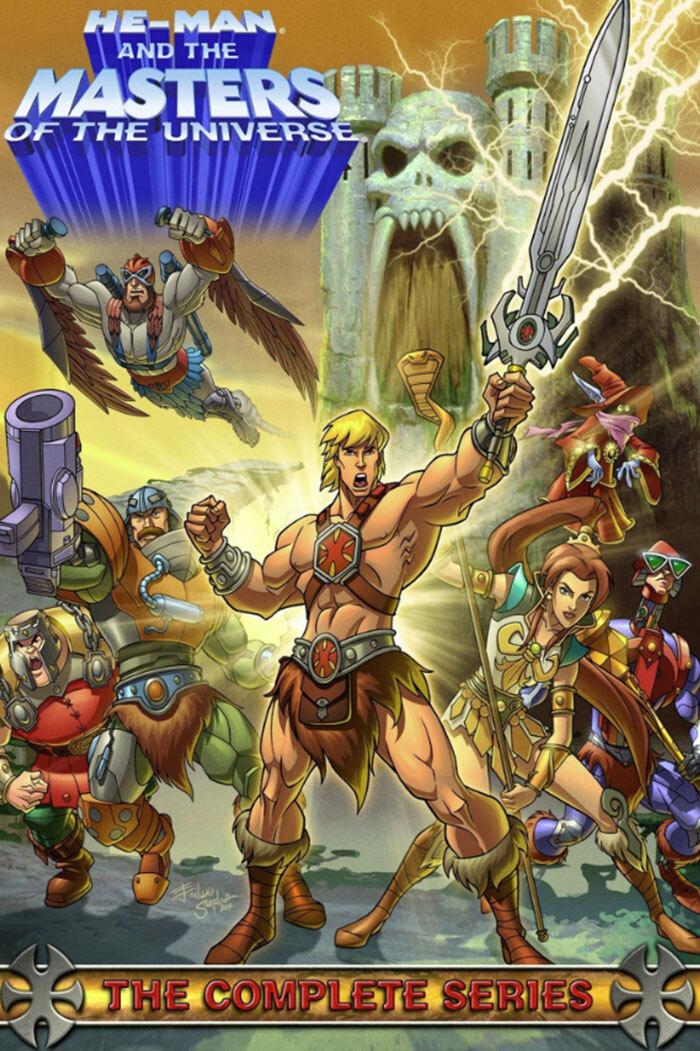 "He-Man and the Masters of the Universe" complete series poster with He-Man and allies in action poses, used in Skeletor memes.