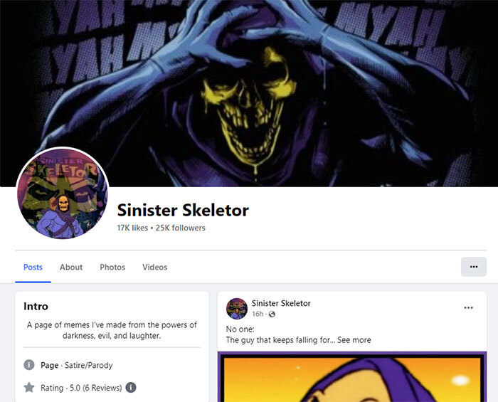 Facebook page "Sinister Skeletor" featuring a dark image of Skeletor with a sinister grin, dedicated to Skeletor memes.