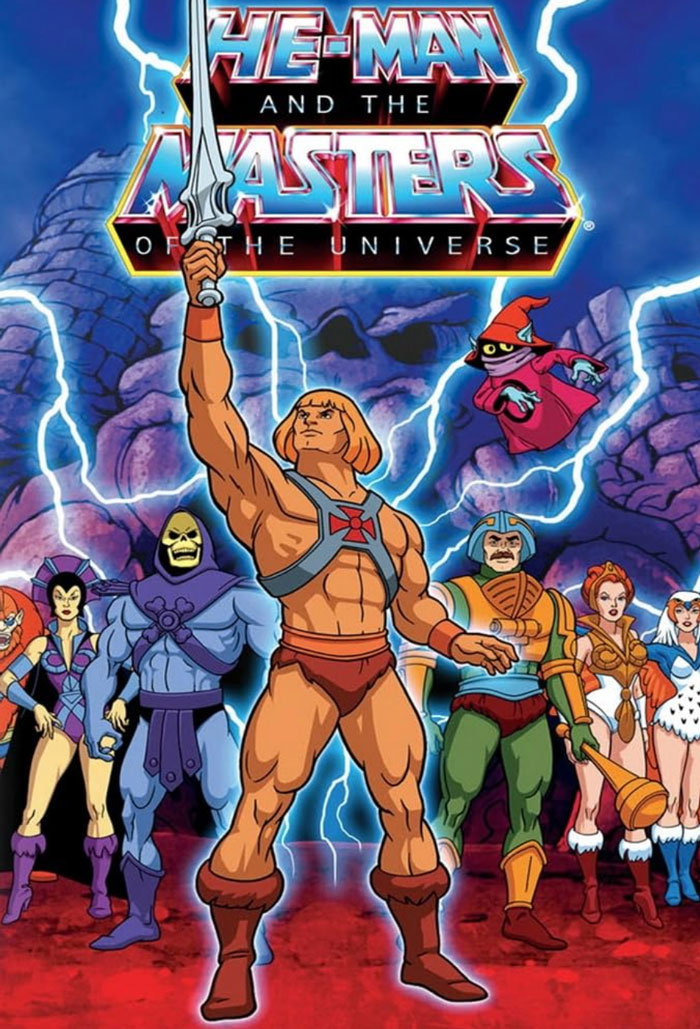 He-Man raises his sword with Skeletor and other characters from Masters of the Universe, often used in Skeletor memes for humor.