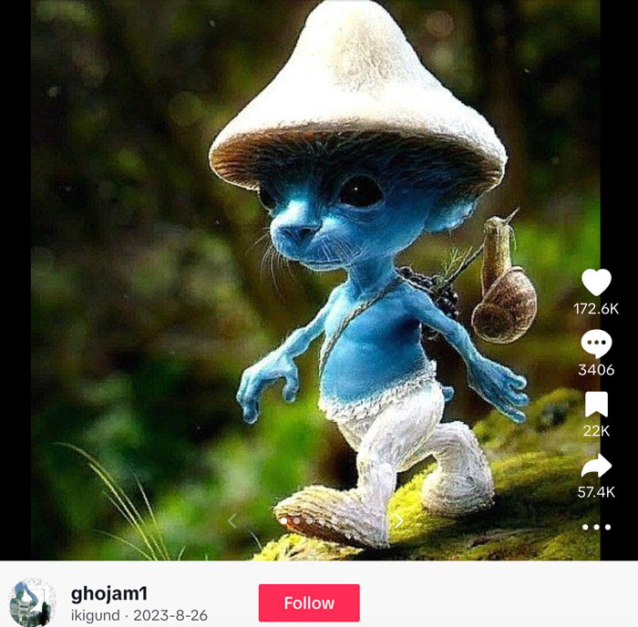 A viral TikTok post by user ghojam1 featuring a realistic Smurf Cat, a small blue creature with a mushroom cap hat, walking on a mossy forest floor with a snail on its shoulder.