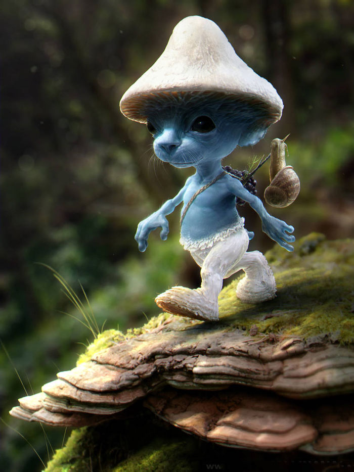 A realistic depiction of a Smurf Cat, a small blue humanoid creature with a mushroom cap hat, walking on a mossy forest floor with a snail on its shoulder