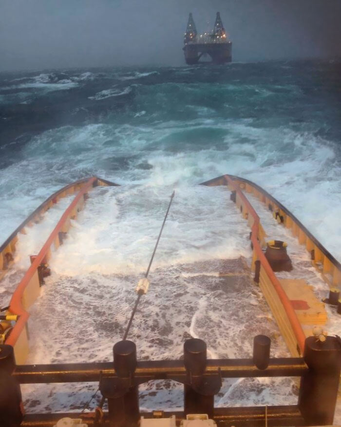 My Cousin's Sister-In-Law Works On A Tugboat That Tows Oil Platforms Across The Ocean. In All Weather Conditions