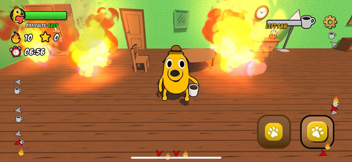 A screenshot from a video game featuring the iconic "This is Fine" dog in a room that is on fire. The dog, holding a coffee mug, stands in the center of the room with flames surrounding it. The game interface shows various controls and indicators, including a timer, a health bar, and icons for actions. The setting mimics the famous "This is Fine" meme, where the dog appears calm despite the chaotic environment.