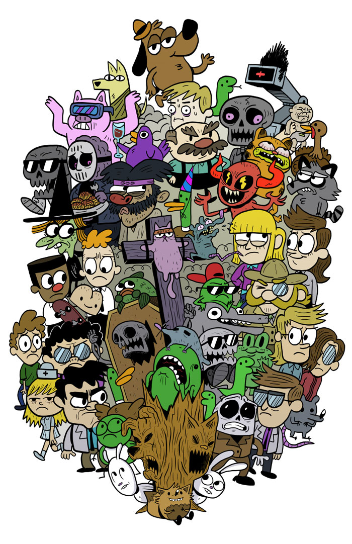 A colorful cartoon illustration featuring a large group of various characters, including the iconic "This is Fine" dog at the top.