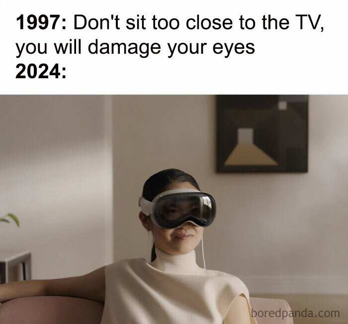 O woman wearing a VR headset on the couch