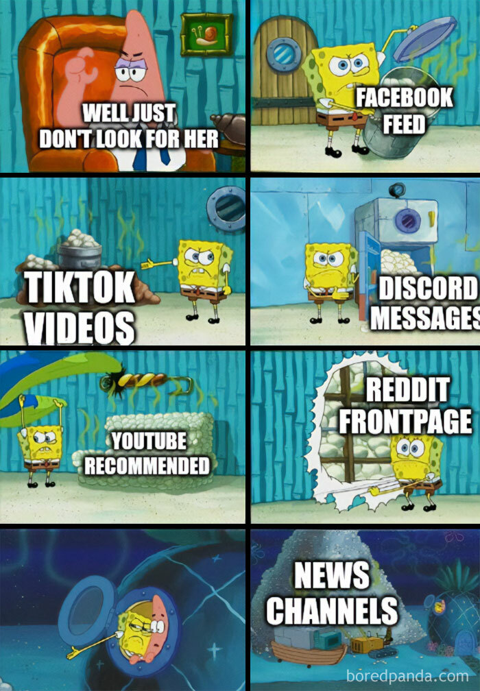 A series of eight panels from "SpongeBob SquarePants" showing SpongeBob and Patrick searching for something, with each panel labeled with different distractions: "Well just don’t look for her," "Facebook feed," "TikTok videos," "Discord messages," "YouTube recommended," "Reddit frontpage," and "News channels."