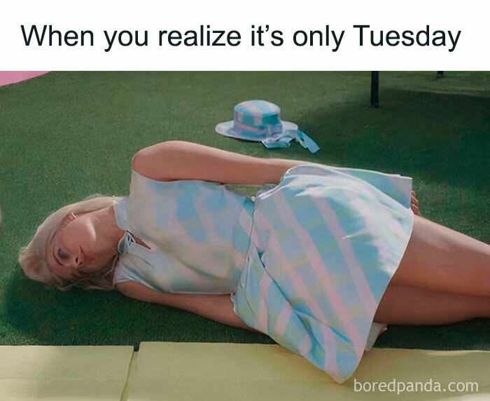 Barbie is lying on the ground on Tuesday's meme.