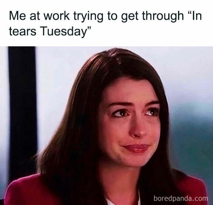 A woman is crying a bit because it is still Tuesday. 