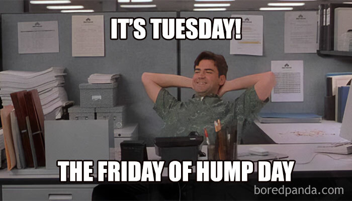 The person sitting in the office is happy because it is already Tuesday