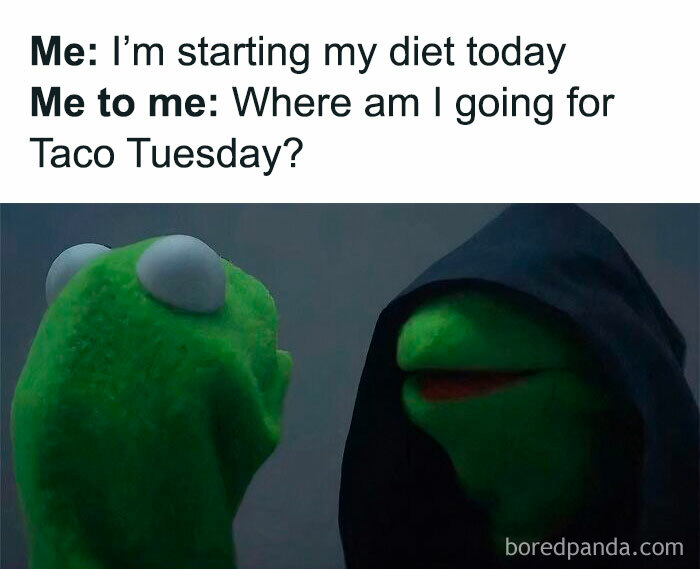 Kermit the Frog is talking with himself about Taco Tuesday.