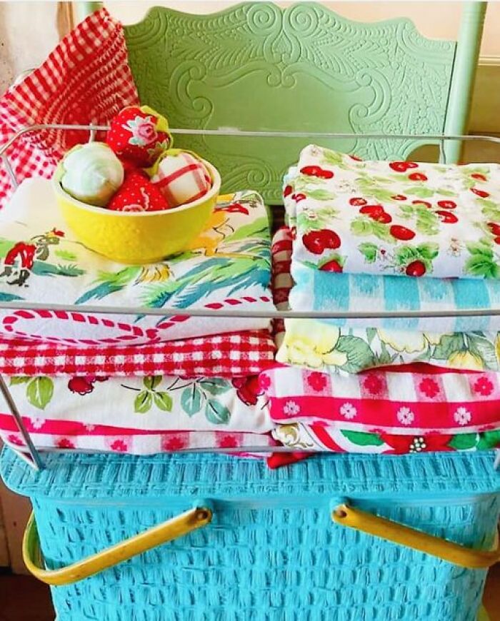 A Basket Full Of Vintage Tablecloths