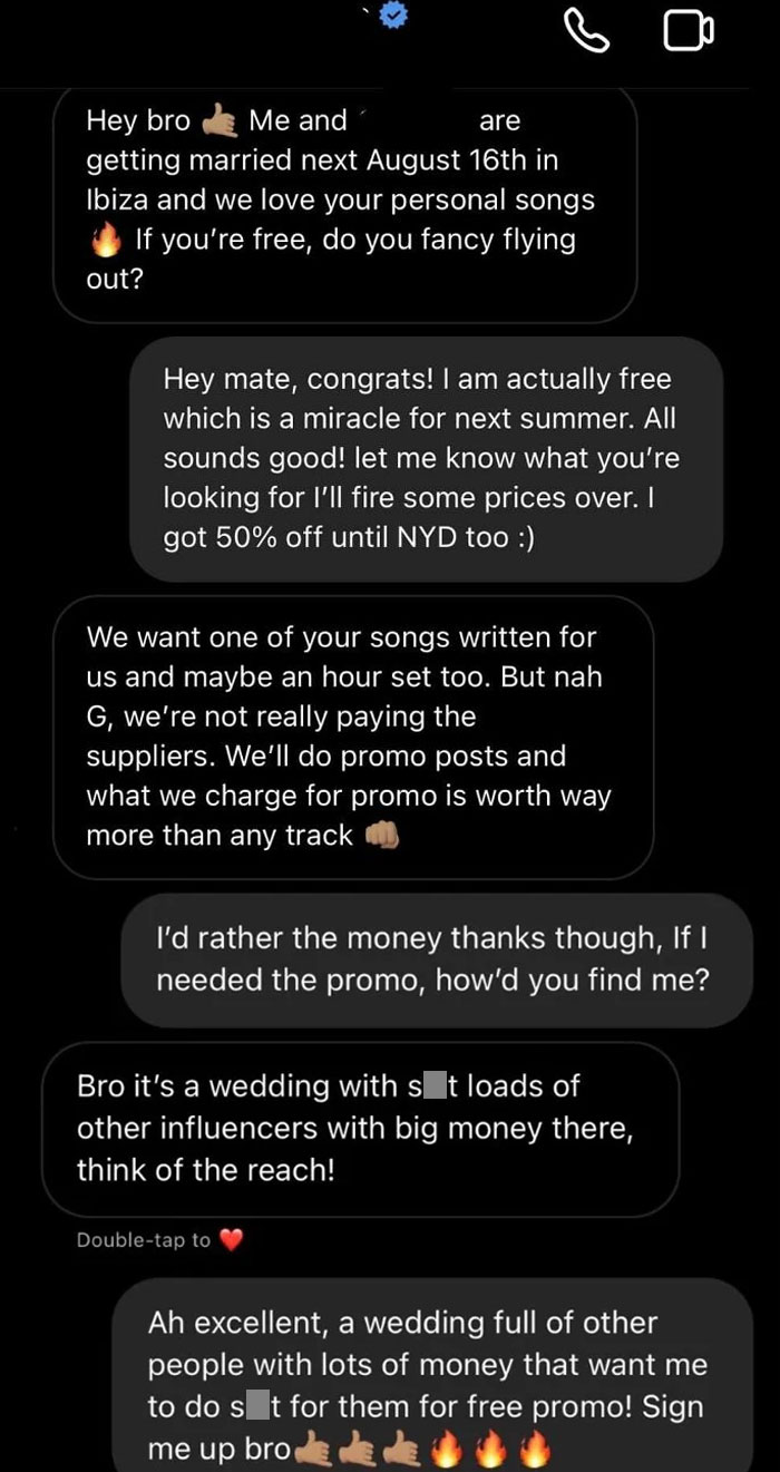 Influencer Requests Personal Song And One-Hour Set At Wedding For Free