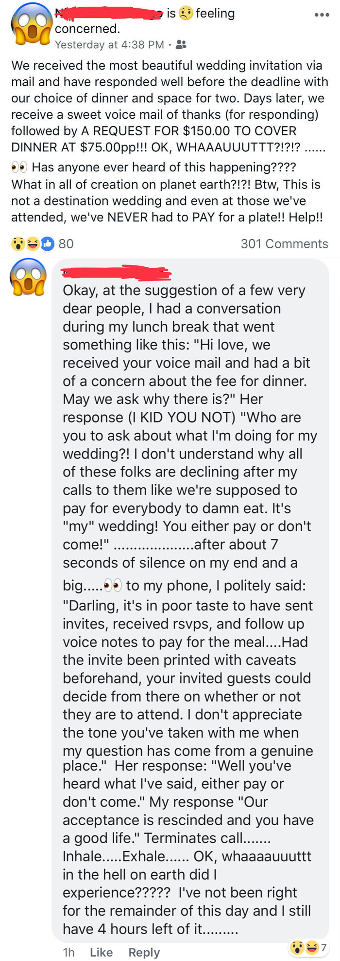 Bride Gets RSVPs From Wedding Guests And Only After The Fact Tells Everyone Who Said They Were Coming That They Need To Pay $75 Per Plate