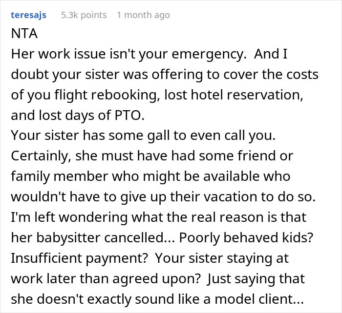 Sister shocked when wife refuses to cancel fully paid vacation to babysit at last minute