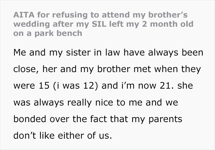 “AITA For Refusing To Attend My Brother’s Wedding After My SIL Left My 2-Month-Old On A Park Bench?”