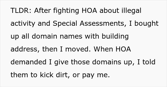 Woman Buys All Domains Of Unit Before Moving Out As Petty Revenge On HOA: “Kick Dirt, Or Pay Me”