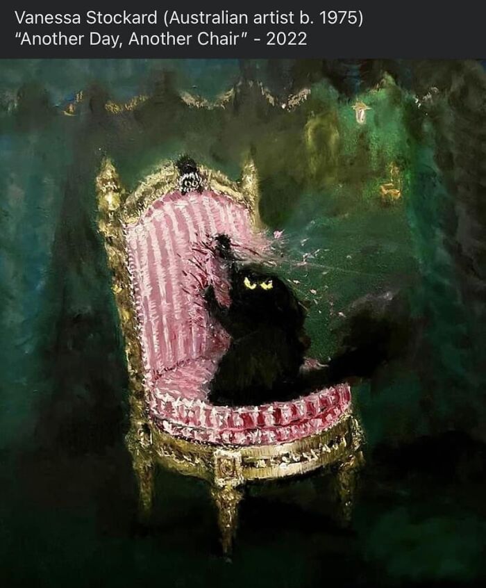 Black cat with yellow eyes scratches a pink-striped chair, showcasing feline attitude in a whimsical painting.