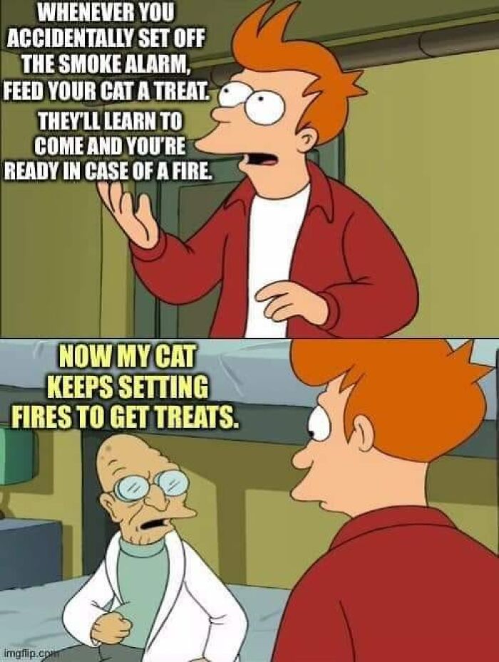 Cartoon characters discuss a cat setting fires for treats. Hilarious cat meme depicting feline attitude perfectly.