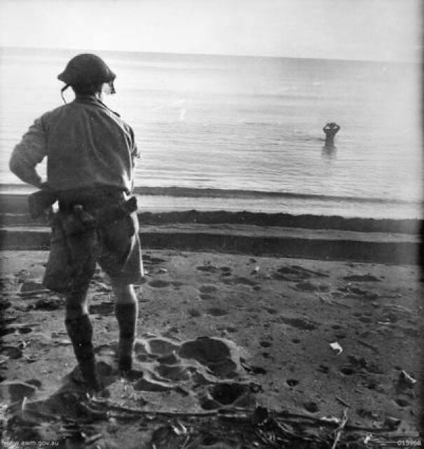 A Japanese Soldier Wades Into The Sea Off Cape Endaiadere, New Guinea, With A Grenade Against His Head Moments Before It Goes Off, Defying An Australian Soldier Calling On Him To Surrender, December 18, 1942