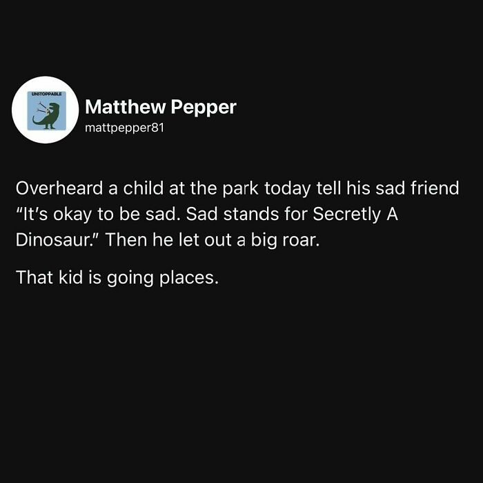 Millennial life meme about kids at the park, with a playful take on being sad as "Secretly A Dinosaur."