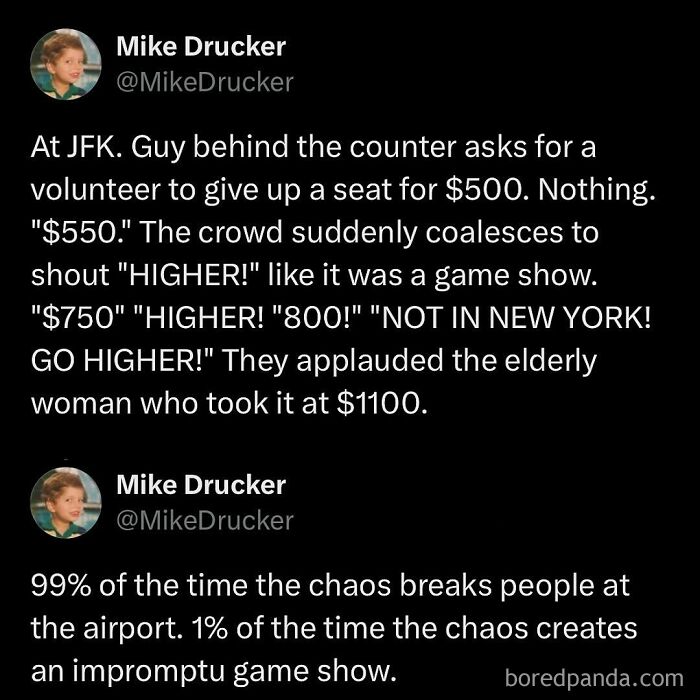 Millennial life meme about airport chaos turning into an impromptu game show over seat offers.