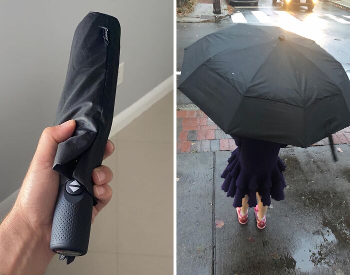 "I bought a (relatively) expensive brolly . Comes in a hard case so doesn't get damaged in my bag. Has yet to blow inside out. My favourite feature is the button to press to open the brolly; significantly easier than doing by hand when carrying bags etc. Congratulate myself on the purchase every time I press that button!" - ms_d_meanour