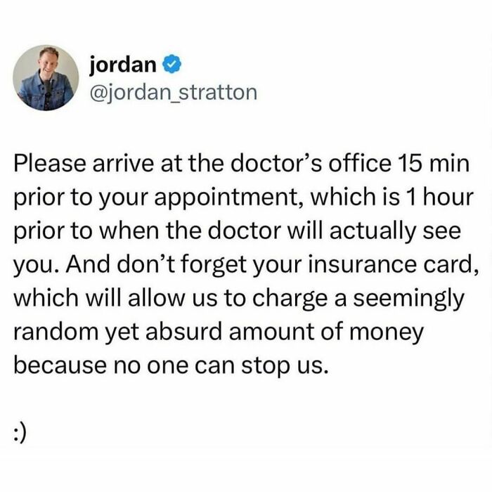 Twitter post humorously depicts a common millennial experience at the doctor's, highlighting absurd wait and costs.