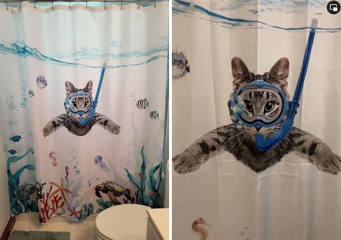 Your Bathroom Is About To Become The Coolest Reef Around With This Playful And Unique Snorkeling Cat Shower Curtain