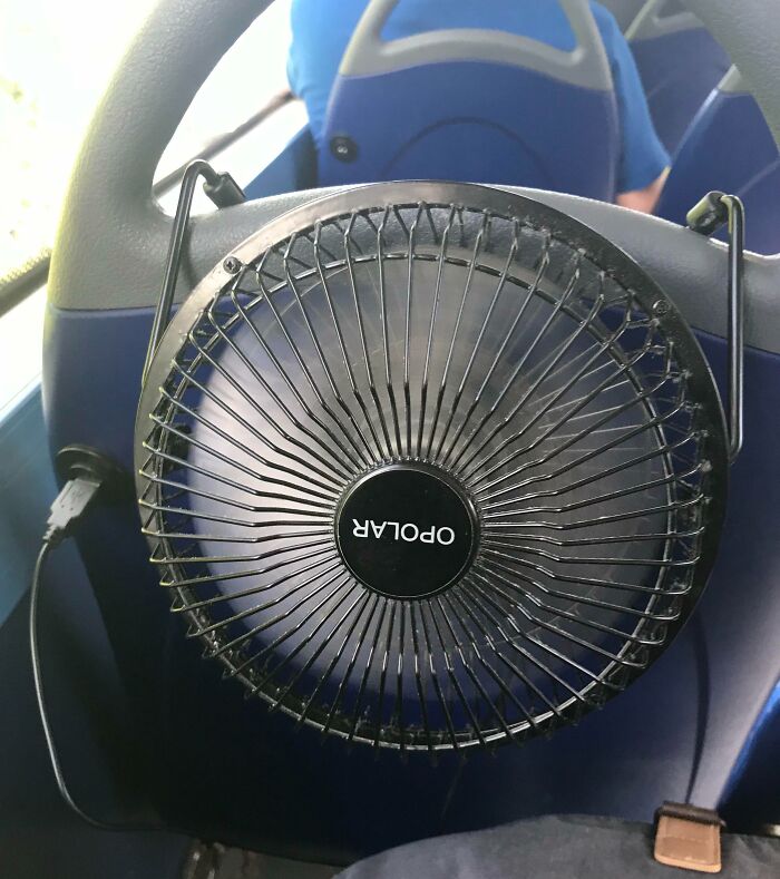 On Public Transport In Hot Weather, Take A USB Desk Fan. Most Buses Here Have USB Chargers For Phones. Plug It In, Turn It Upside Down, And Hang It On The Empty Seat In Front