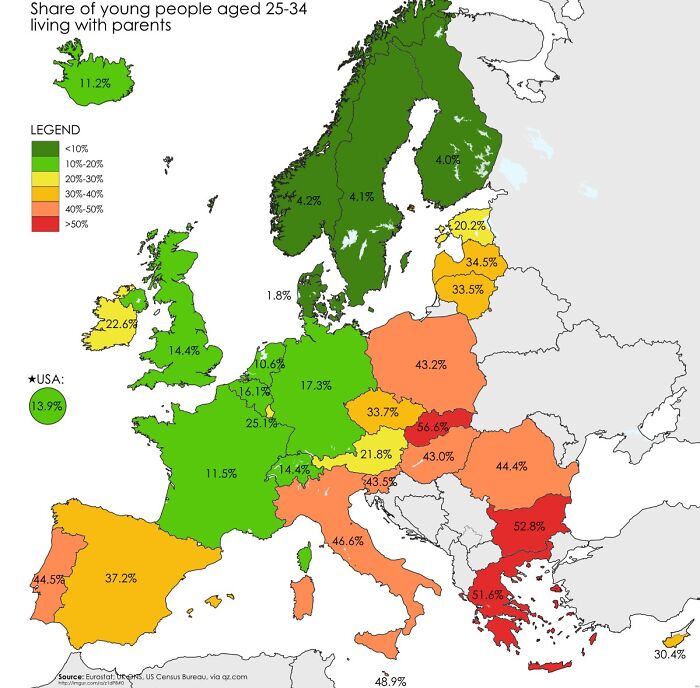 Share Of Young People In Europe, Aged 25-34, Who Are Still Living With Their Parents