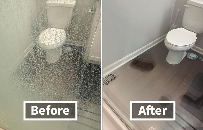 Before: Your Shower Door Looks Like A Frosted Window In A Blizzard. After: Bioclean Hard Water Stain Remover Sweeps In And Your Shower Gleams Like A Gold Medal! 