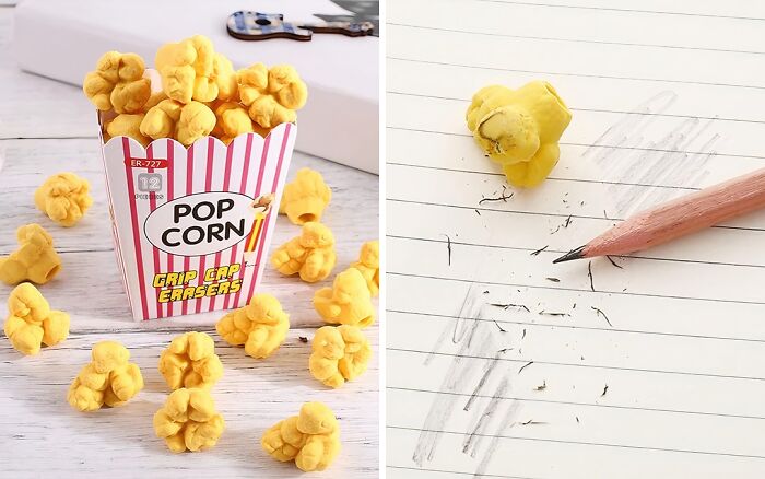  Popcorn Shape Pencil Erasers Are The Perfect Snack For Your Pencil Mistakes, But Don't Worry, They Won't Leave Any Buttery Fingerprints On Your Work!