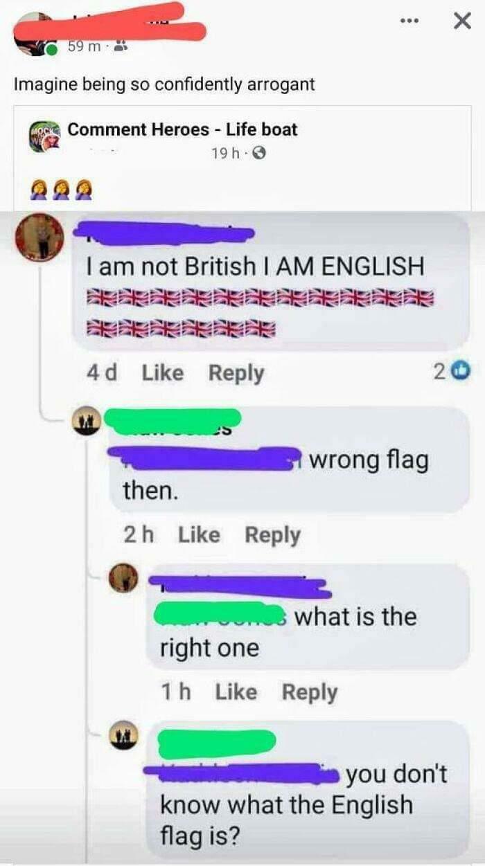 Screenshot of a discussion featuring overly-confident incorrect people confused about English identity.