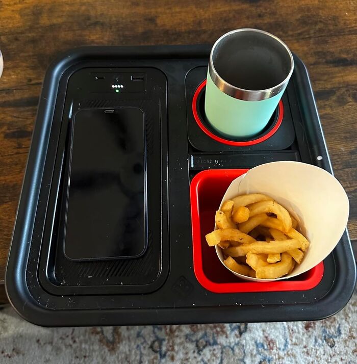 Finally, A Way To Keep Your Phone Juiced Up And Your Coffee Safe From Spills - This Cup Holder Tray With Wireless Phone Charging Station Is A Multitasking Marvel