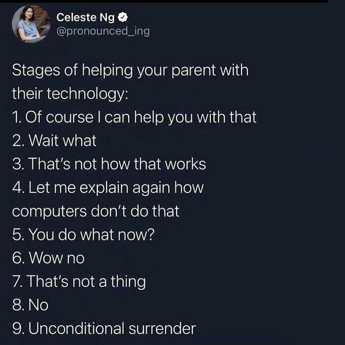 Millennial meme about stages of helping parents with technology, humorous and relatable text exchange.