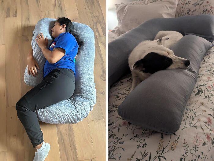 "I have the big c-shaped pregnancy pillow from Amazon and it's amazing. (Side sleeper with crappy knees, not pregnant.)" - Introverting_vibes 