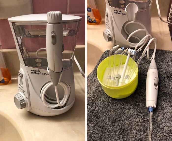 "Water Flosser/Pik. I can't believe how much crap gets stuck in the mouth. Even after using regular dental floss and then using a water flosser just to see what would happen, I still spit out stuff." - [deleted]