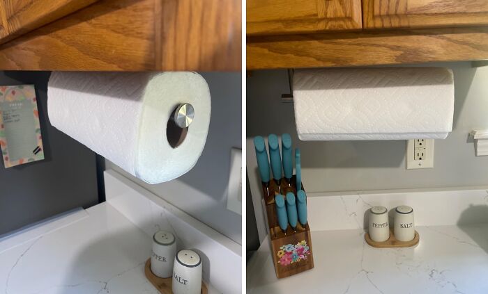 "Installed under cabinet paper towel holder that allows you to rip one-handed and also keeps you from pulling off more than you need." - Heyhelloagostina