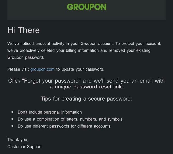 Groupon Suspected Suspicious Activity On My Account, Deleted All Saved Payment Info And Reset My Password