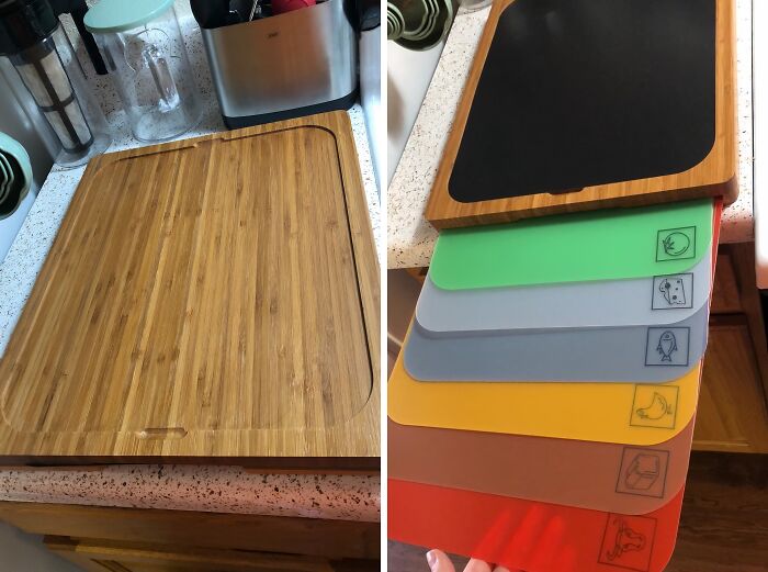 Forget About Cross-Contamination! This Bamboo Cutting Board With Color-Coded Mats Keeps Your Raw Chicken And Veggies Separate, So You Can Avoid Any Unexpected Food Poisoning Surprises