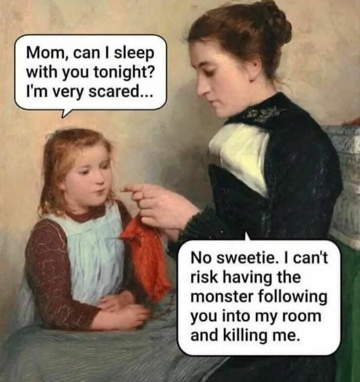 Classic art with humorous meme of child asking to sleep with mother, who gives a funny monster-related reply.