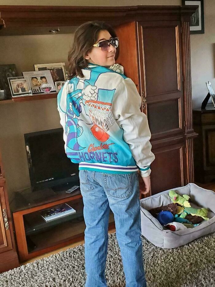 My Son Wearing My Old Jacket And Glasses To A 90s Party